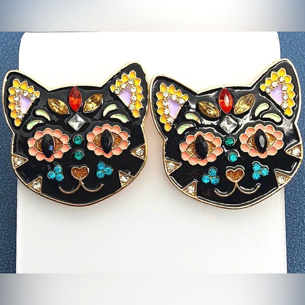 EARRINGS! Betsey Johnson Kitty Kat Rhinestone and Steel Stud Earrings BNWT